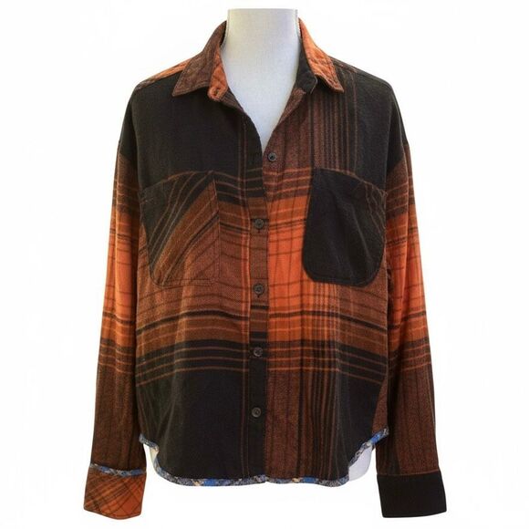 BDG Urban Outfitter Karl Slouchy Orange Black Plaid Patchwork Button Up Shirt M - Picture 1 of 6